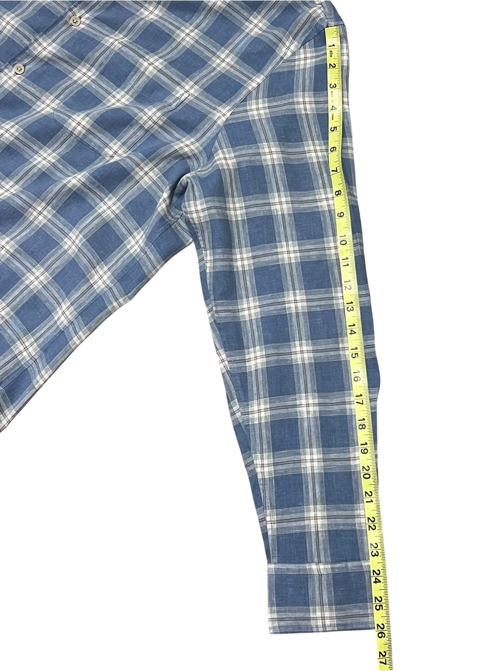 Faherty Linen Blend Shirt Large Blue Plaid Button-up Lightweight Coastal Travel - Picture 10 of 15